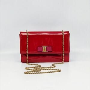 Salvatore Ferragamo Vara Bow Red Patent Leather Chain Clutch Bag